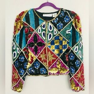 Vintage Night‎ Vogue Multicolor Sequin Embellished Art Deco Retro Beaded Jacket